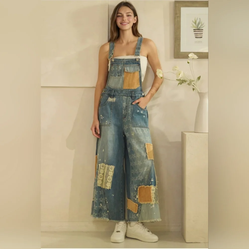 #1374 Oli & Hali Boho Starlight Patchwork Wide-Leg Denim Overalls - Picture 1 of 8